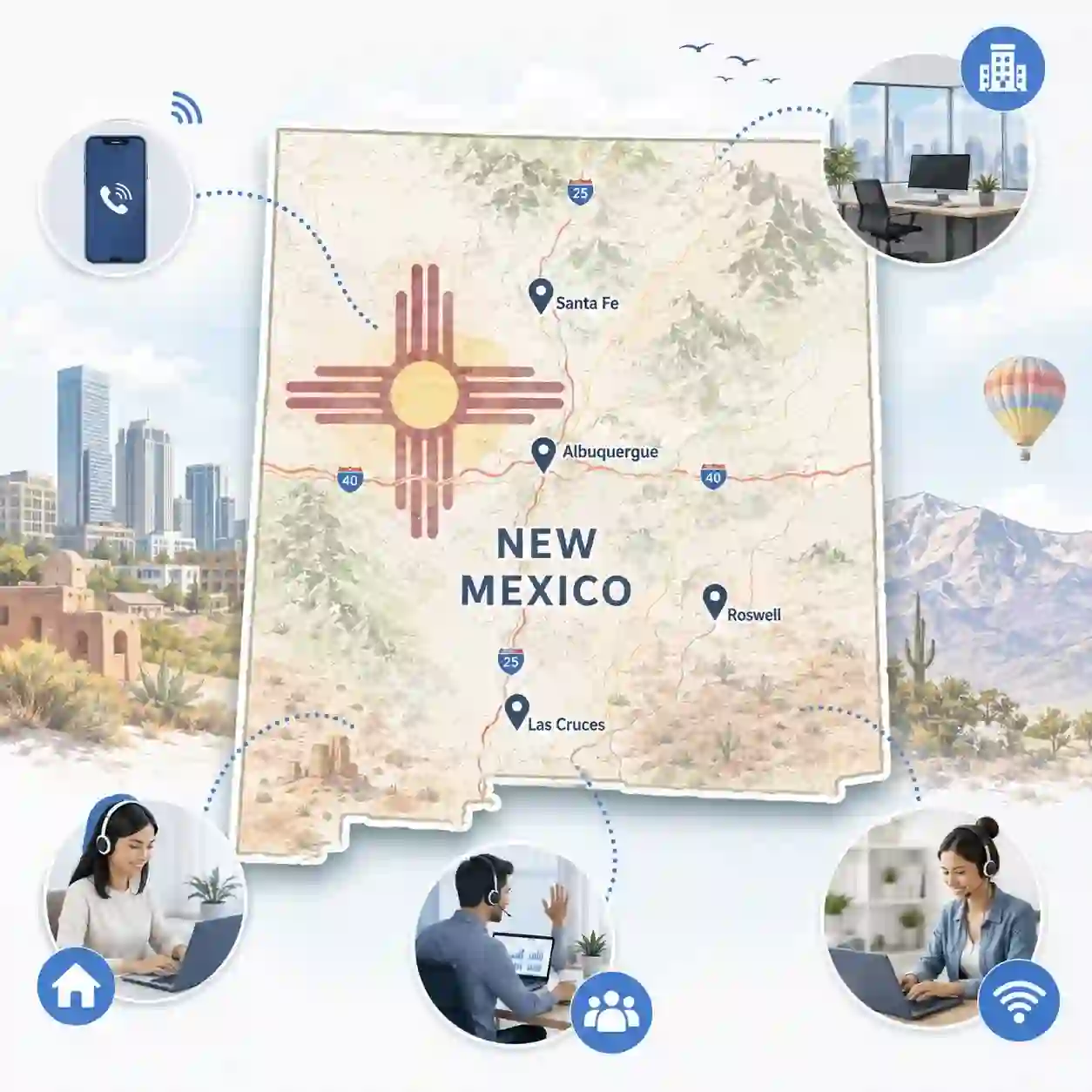 New Mexico state outline with icons for mobile, office, remote team and call center connected to a central phone pin